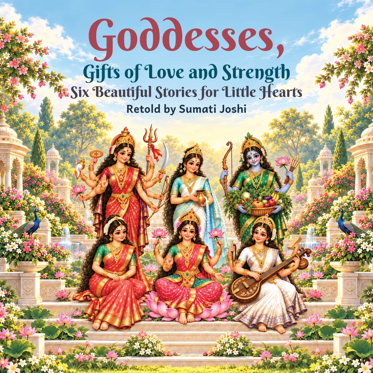 Goddesses, Gifts of Love and Strength, retold by Sumati Joshi, with six goddesses in a flowering garden