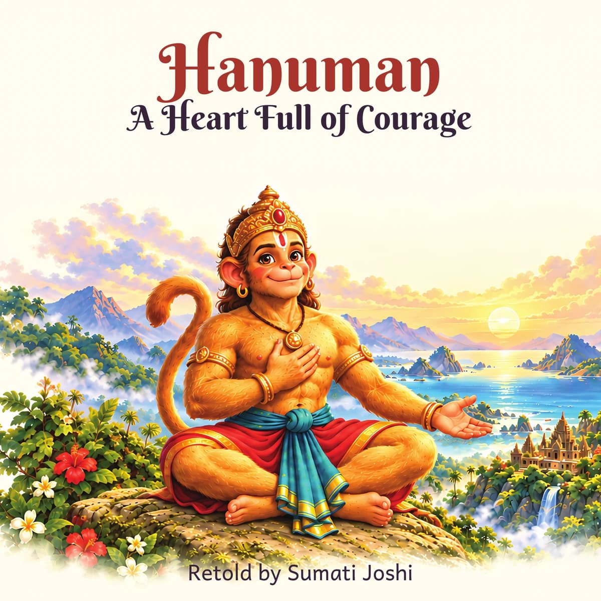 Hanuman, A Heart Full of Courage, retold by Sumati Joshi, with Hanuman seated above a sunlit river and mountains