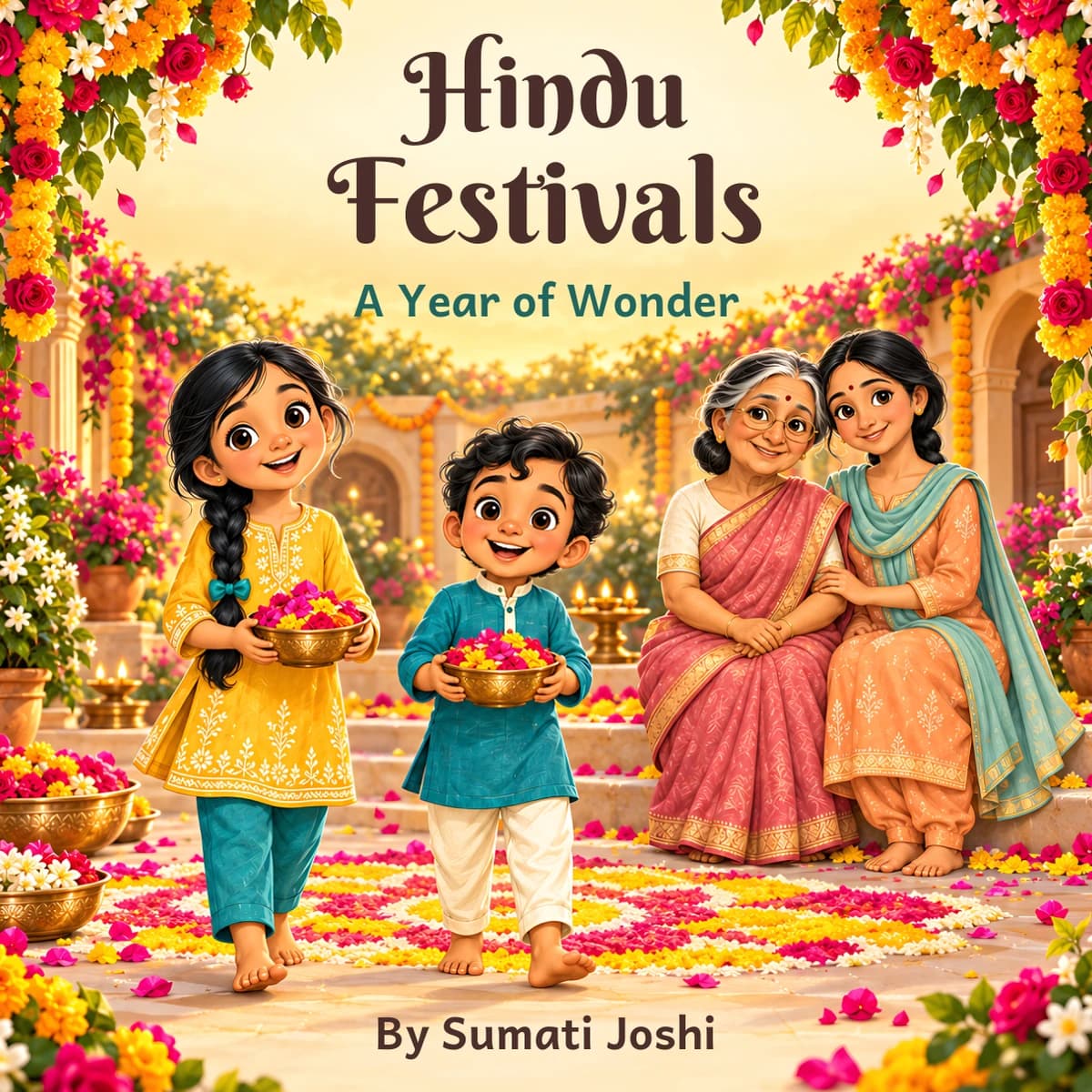 Hindu Festivals, A Year of Wonder by Sumati Joshi, with Tara, Ravi, Nani and Mum in a flower-filled courtyard