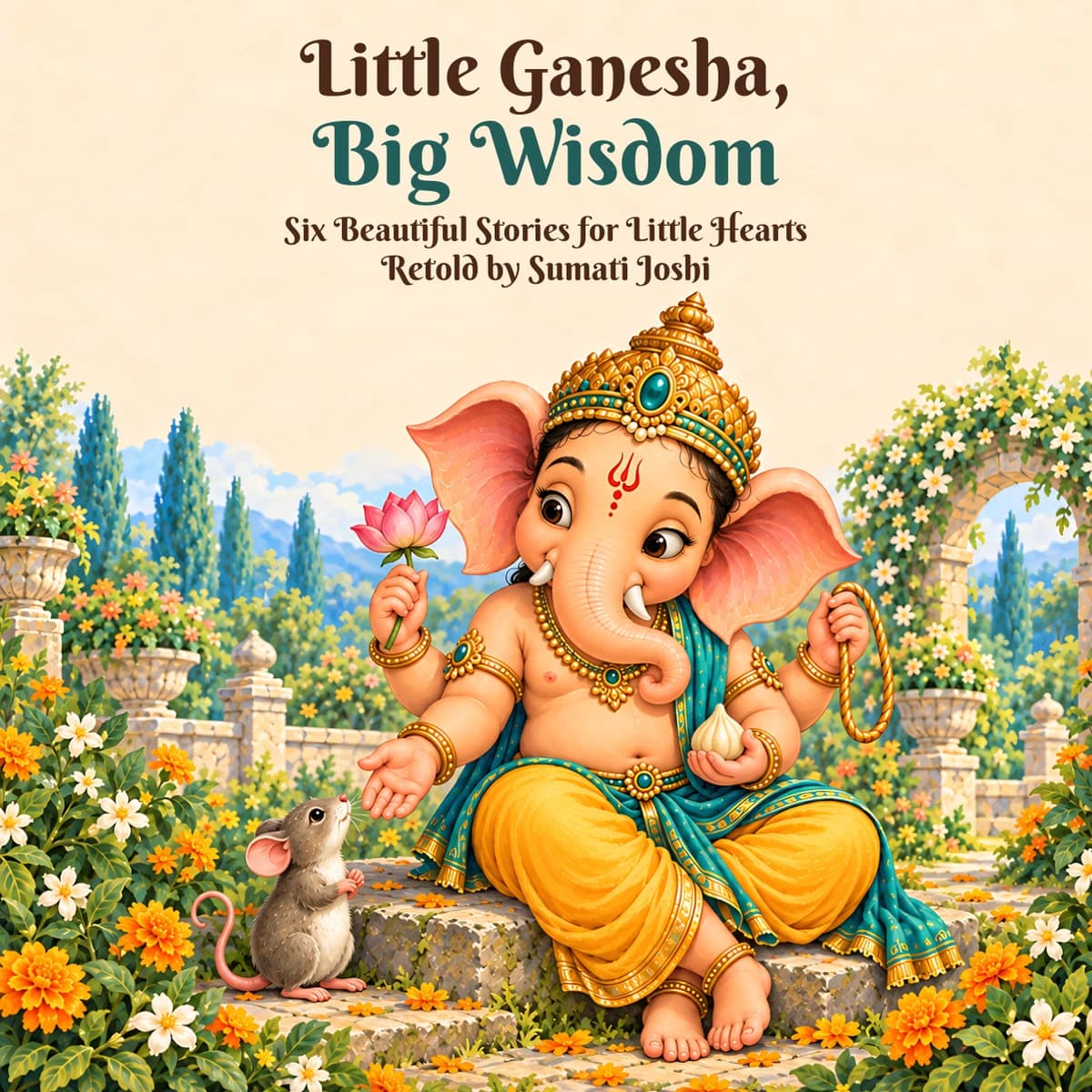 Little Ganesha, Big Wisdom, retold by Sumati Joshi, with Ganesha and his little mouse in a flowering garden