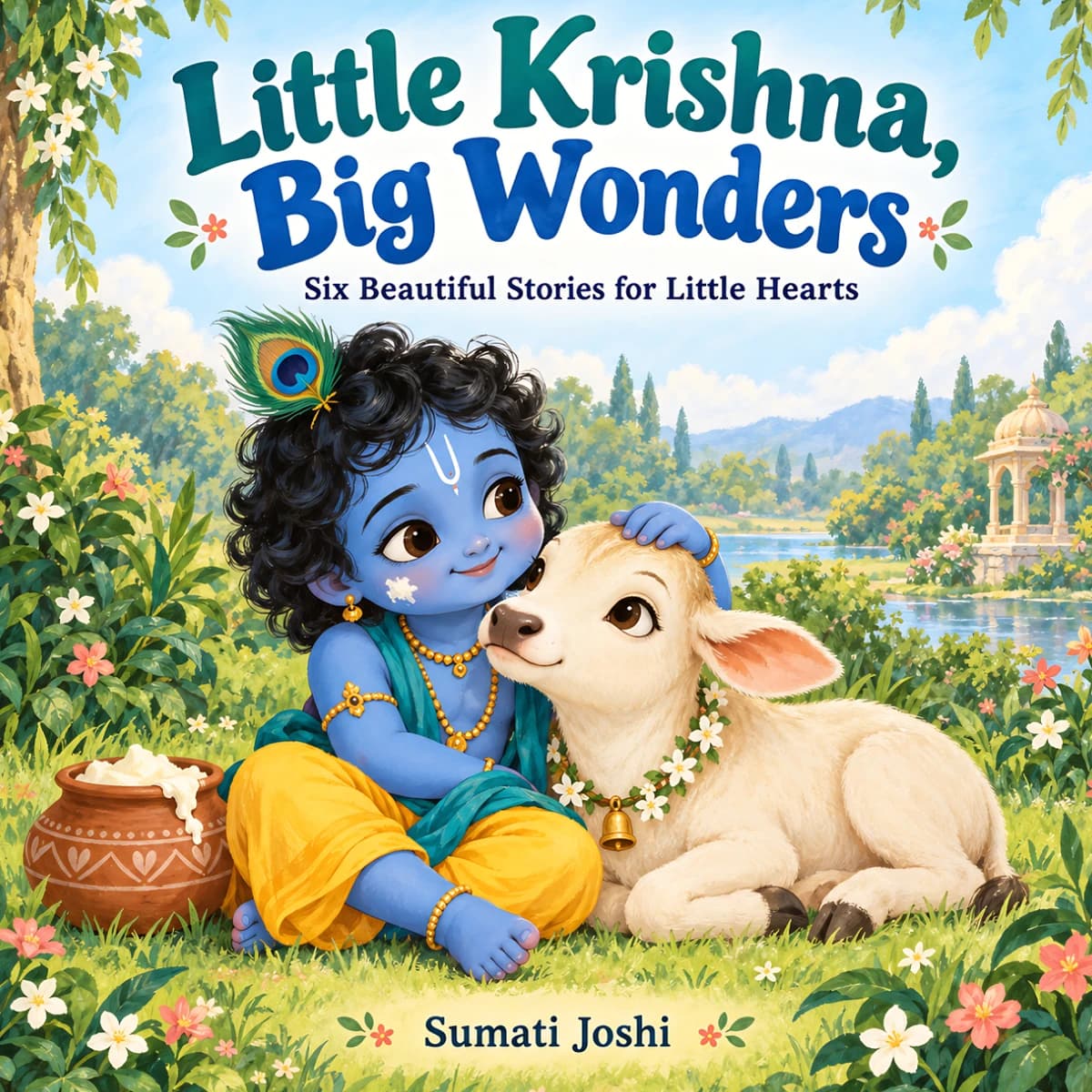 Little Krishna, Big Wonders by Sumati Joshi, with Krishna embracing a white calf beside a butter pot