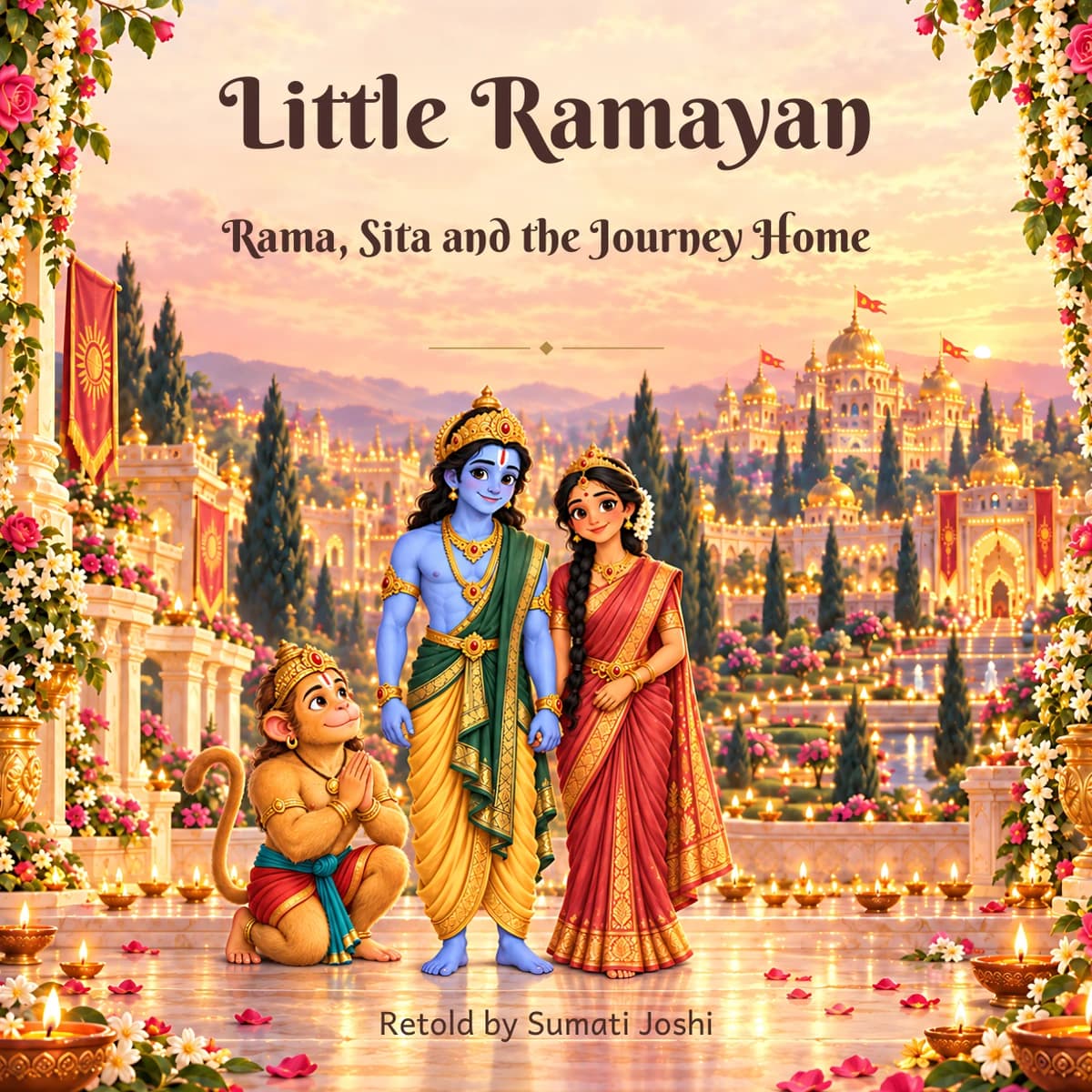 Little Ramayan, retold by Sumati Joshi, with Rama, Sita and Hanuman before a lamp-lit Ayodhya