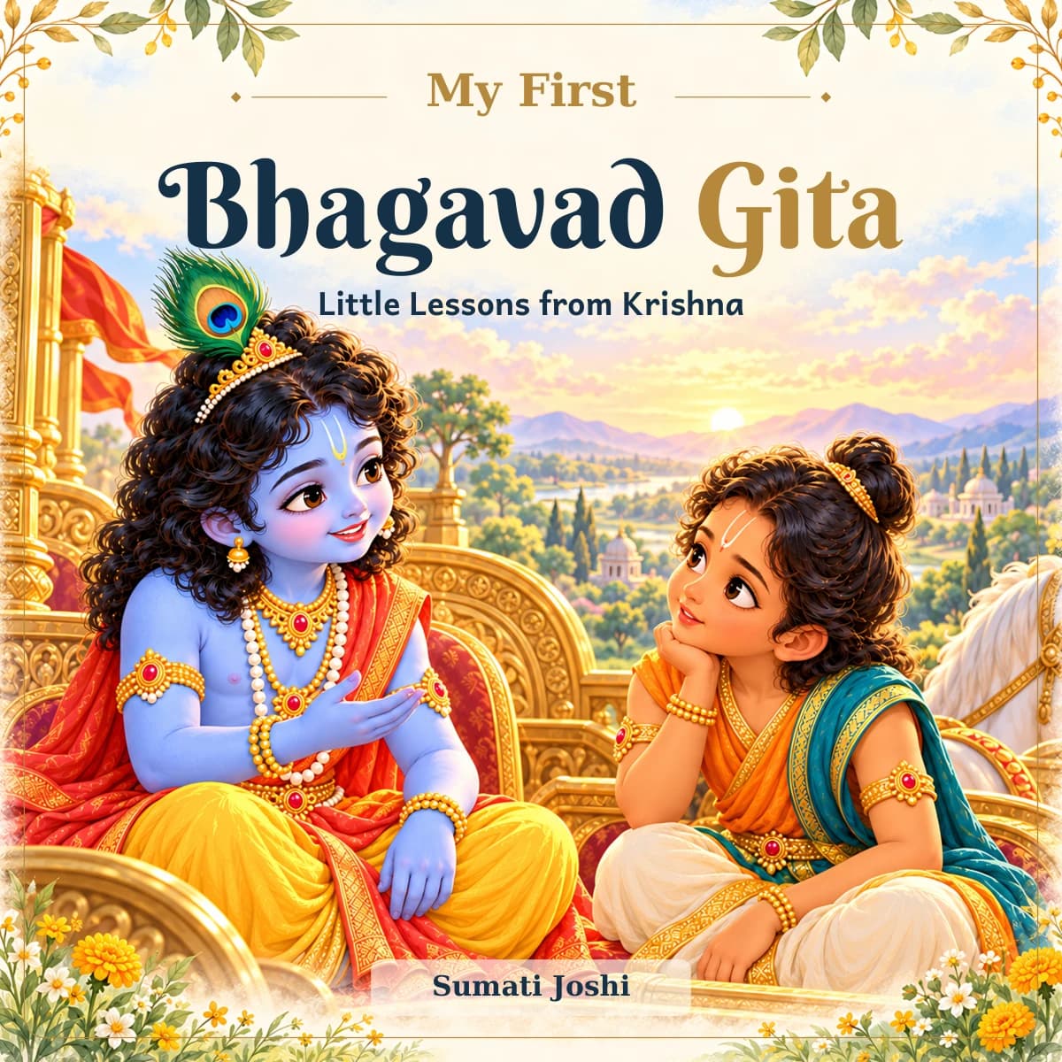 My First Bhagavad Gita: Little Lessons from Krishna by Sumati Joshi, with Krishna and Arjuna seated on a golden chariot