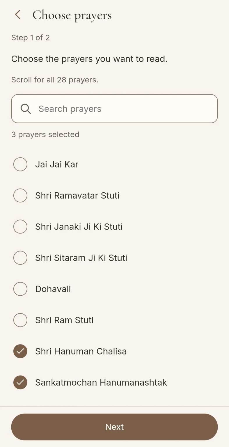 Choose prayers screen with a search field and three prayers selected for a routine