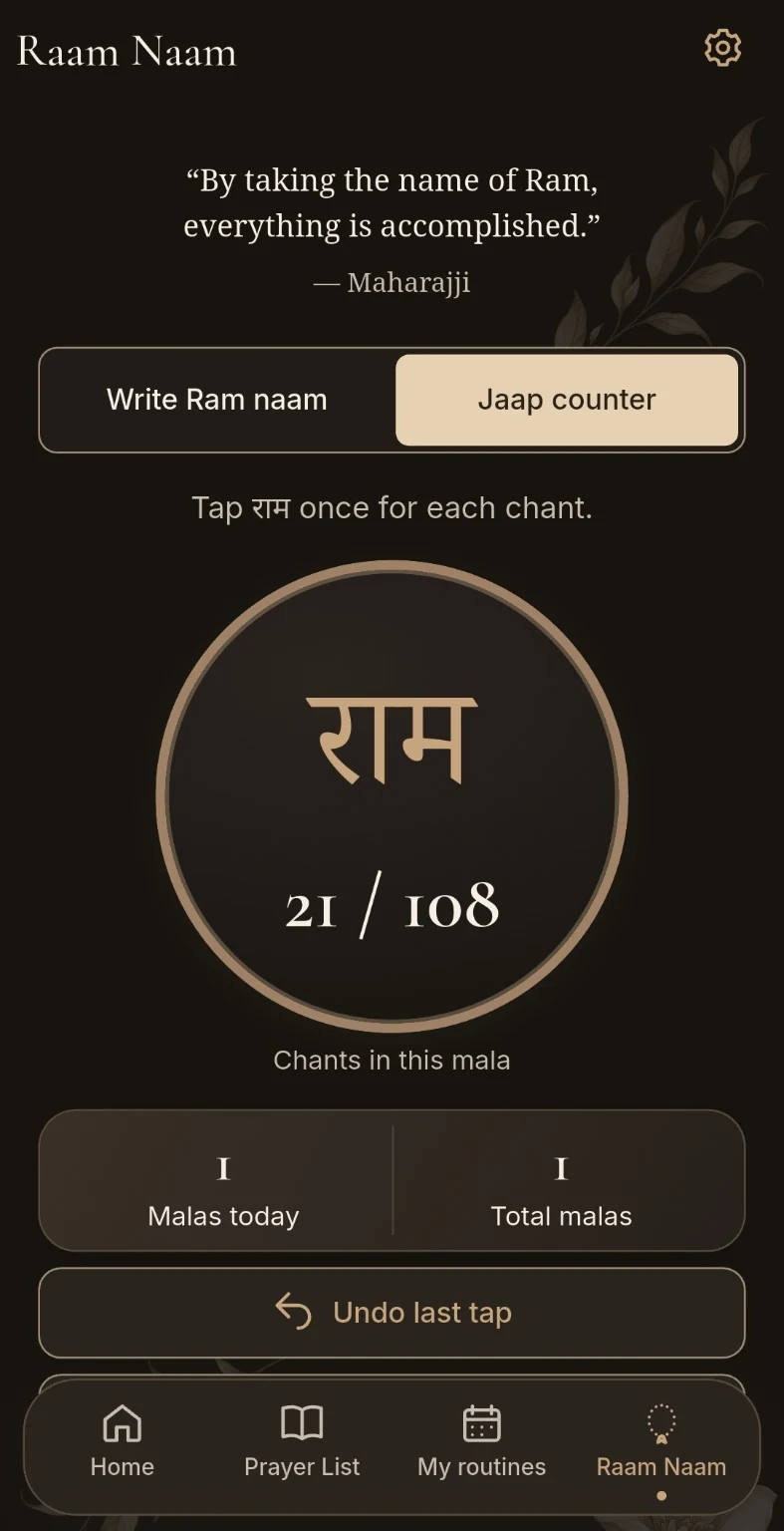 Jaap counter showing 21 of 108 chants, with today’s and total malas in dark mode