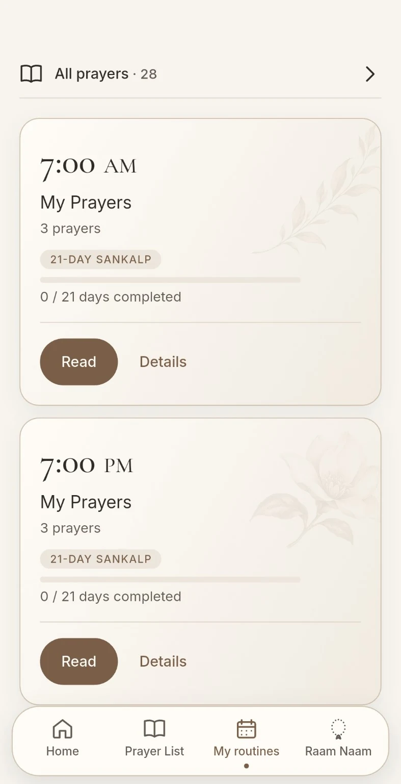 My routines showing separate morning and evening cards for the same saved prayers