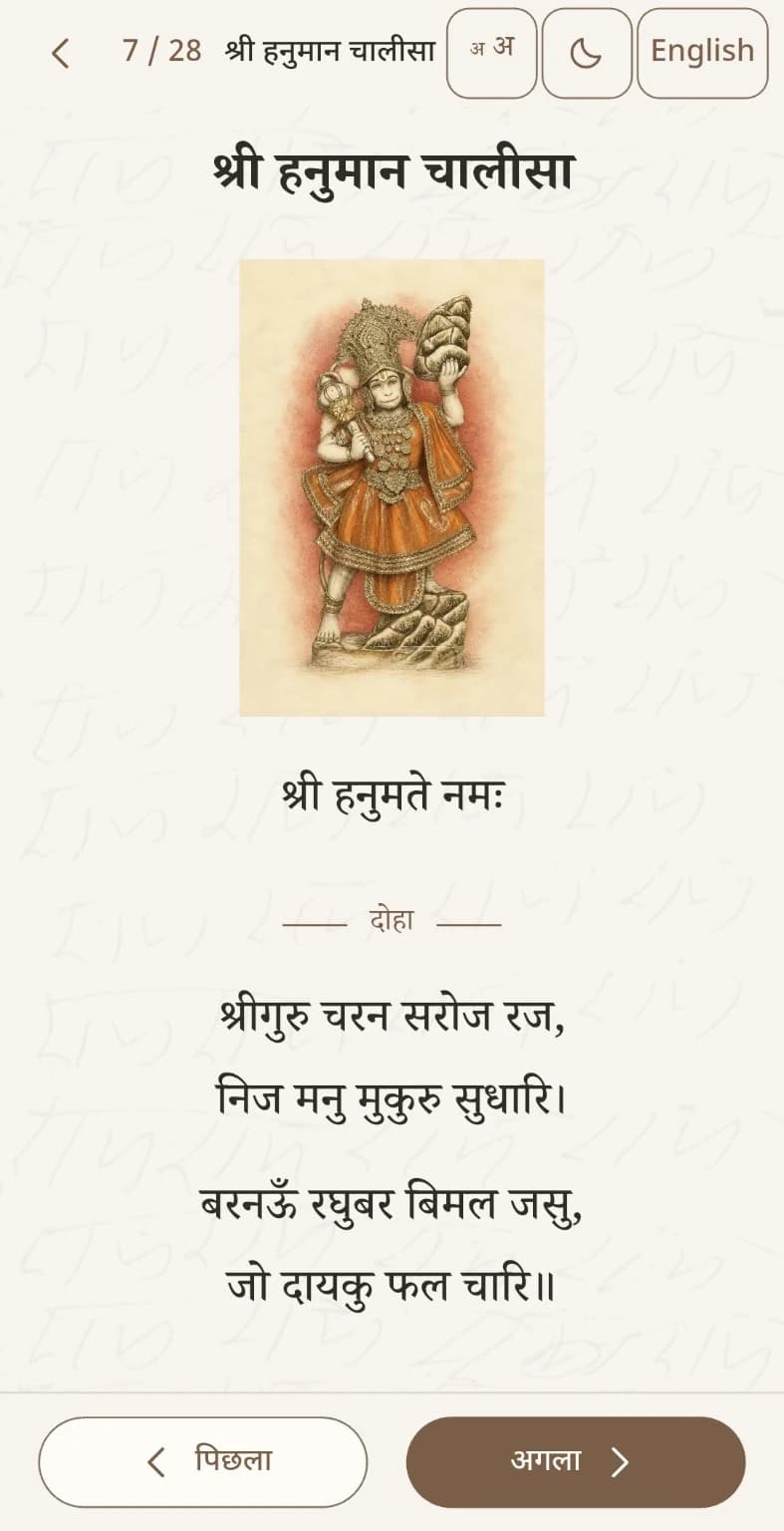 Shri Hanuman Chalisa in Hindi, with a Hanuman illustration and previous and next reading controls