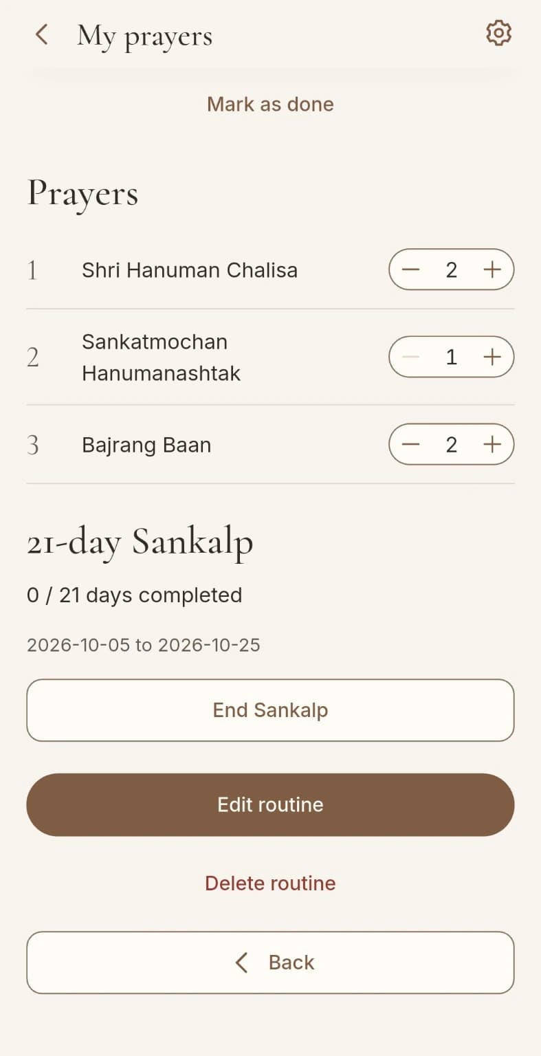 Prayer Times in a saved routine, with minus and plus controls set to read Hanuman Chalisa twice, Hanumanashtak once and Bajrang Baan twice