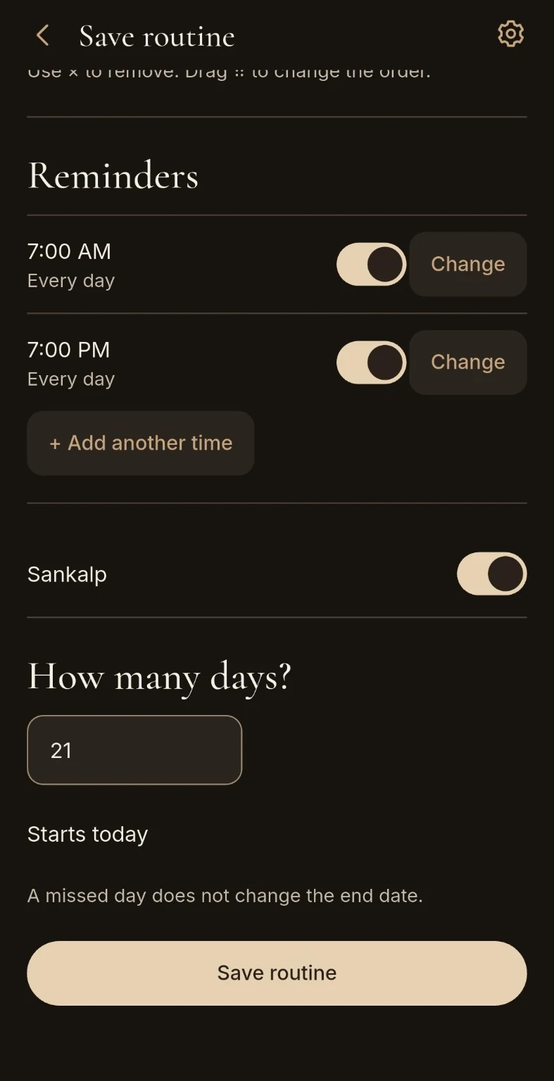 Routine settings with two reminder times and an optional 21-day Sankalp
