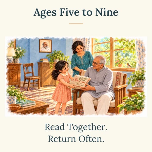 A child shares a moment with Grandad. Text: Ages Five to Nine. Read Together. Return Often.