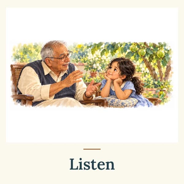 A grandfather tells a story to a listening child. The card is labelled Listen.