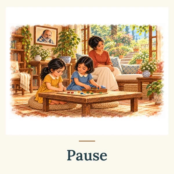 Children sit at a board game with a grown-up nearby. The card is labelled Pause.
