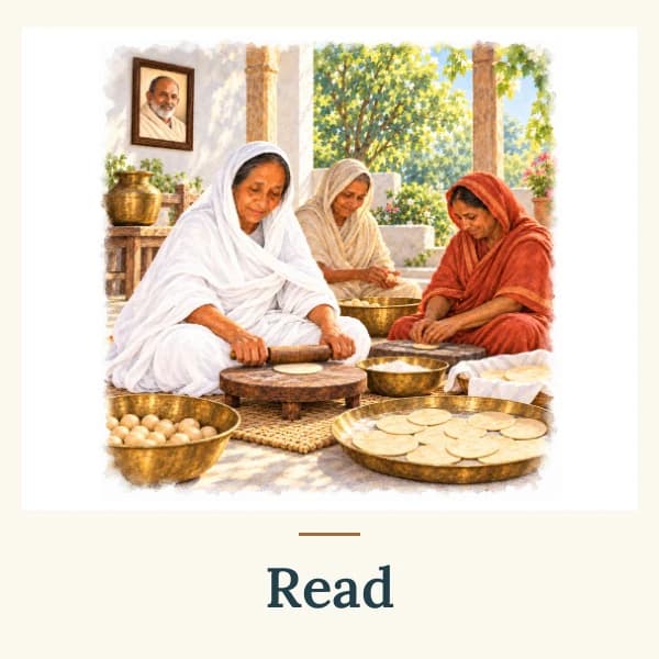 Sri Siddhi Ma helps prepare food with women at the ashram. The card is labelled Read.