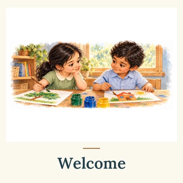 Two children paint together at a table. The card is labelled Welcome.