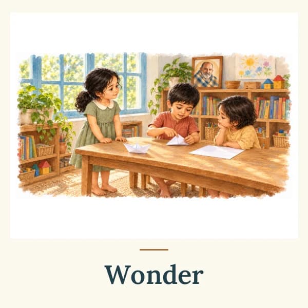Children make paper boats together at a table. The card is labelled Wonder.