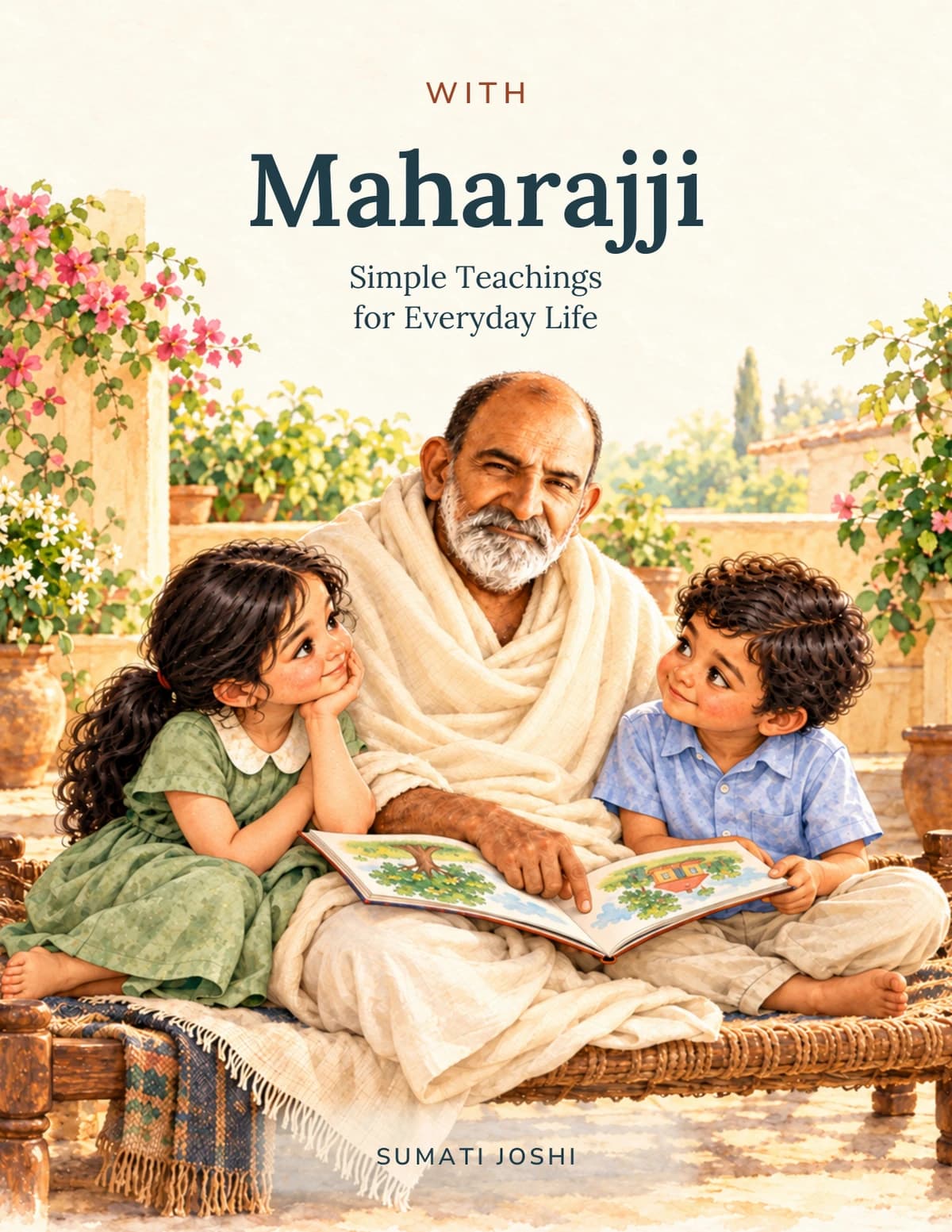 With Maharajji: Simple Teachings for Everyday Life by Sumati Joshi, with Maharajji sharing a book with two children in a flowering courtyard