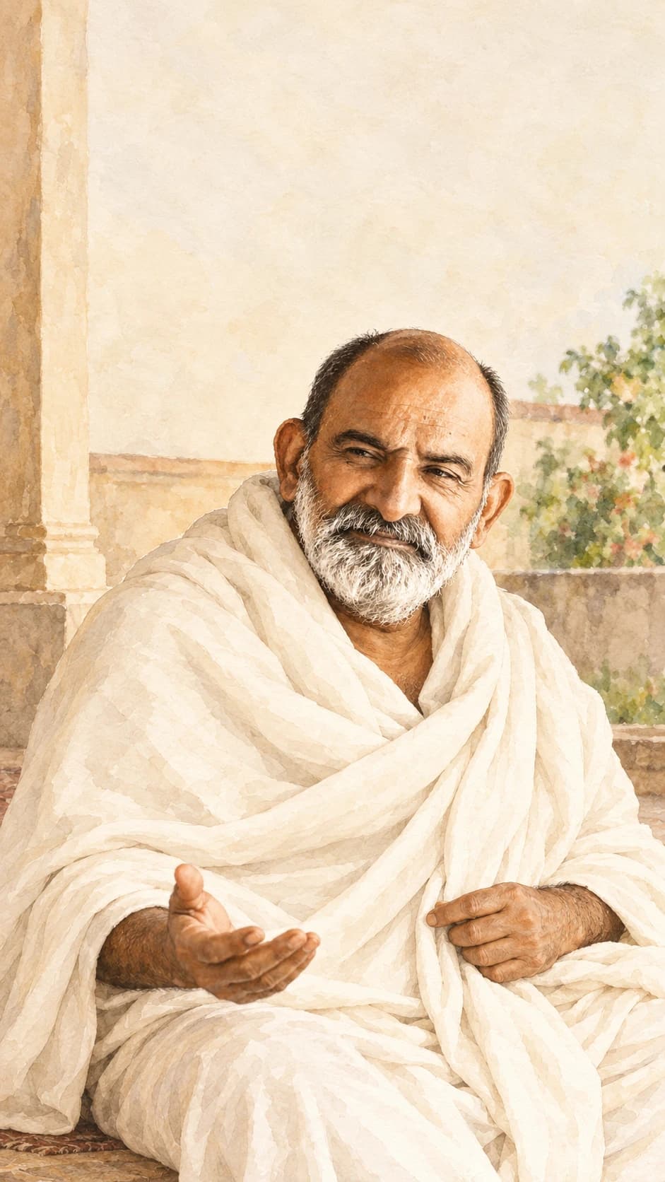 Watercolour illustration of Neem Karoli Baba seated in an ivory shawl, holding one hand open